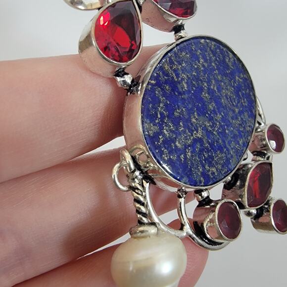 Handmade Sterling Silver Pendant with Lapis Lazuli Garnet Accents and Pearl Drop - Picture 10 of 10